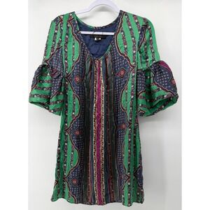 Single‎ Dress 100% Silk Green Paisley Medallion Tiered Bell Sleeve Mini Dress S